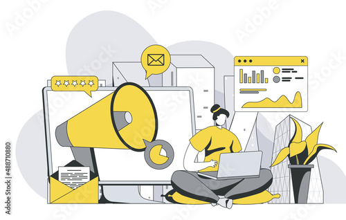 Outbound marketing concept with outline people scene. Marketer conducts offline advertising campaign, sends letters and broadcasts on radio. Vector illustration in flat line design for web template