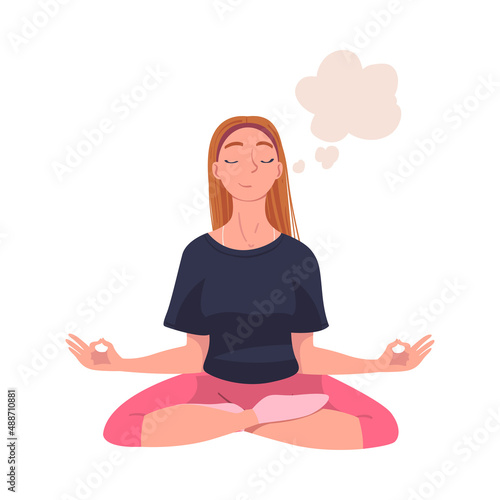 Woman Character Daydreaming Imagining and Fantasizing Having Spontaneous Thought in Bubble Sitting in Yoga Pose Vector Illustration