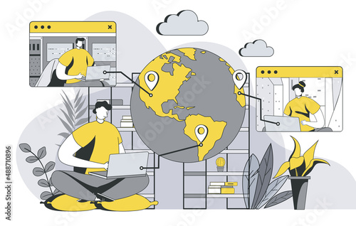 Outsourcing company concept with outline people scene. Employees work remotely in international company. Freelancers team perform tasks online. Vector illustration in flat line design for web template