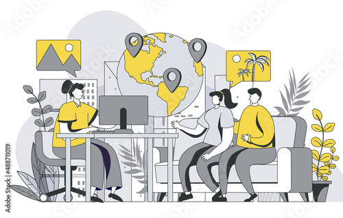 Travel agency concept with outline people scene. Man and woman consulting with tour operator, choosing journey direction for vacation trip. Vector illustration in flat line design for web template