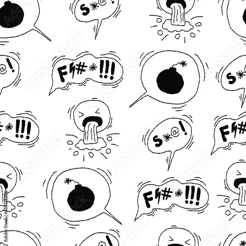 Angry doodle swear curses seamless pattern. Hand drawn speech bubble with curses, swear word, anger face, lightning. Angry smile face emoji. Vector illustration isolated on white.