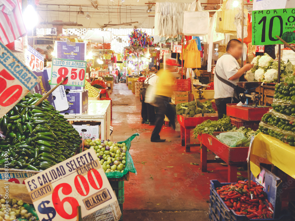 中米メキシコ首都メキシコシティ コヨアカンの市場 メルカドの八百屋の賑わい