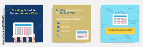 Social media informative post banner template design in 3D cartoon style, hanging calendar schedule planner concepts with multicolor.