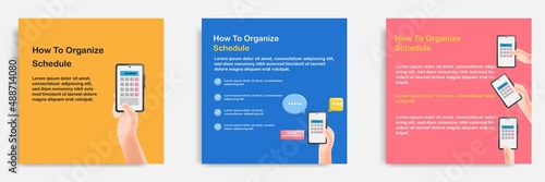 Social media informative post banner template design in 3D cartoon style, mobile smart phone app schedule reminder concepts with multicolor.