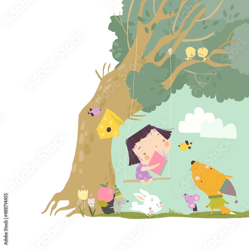 Little Girl reading Book with Cute Animals