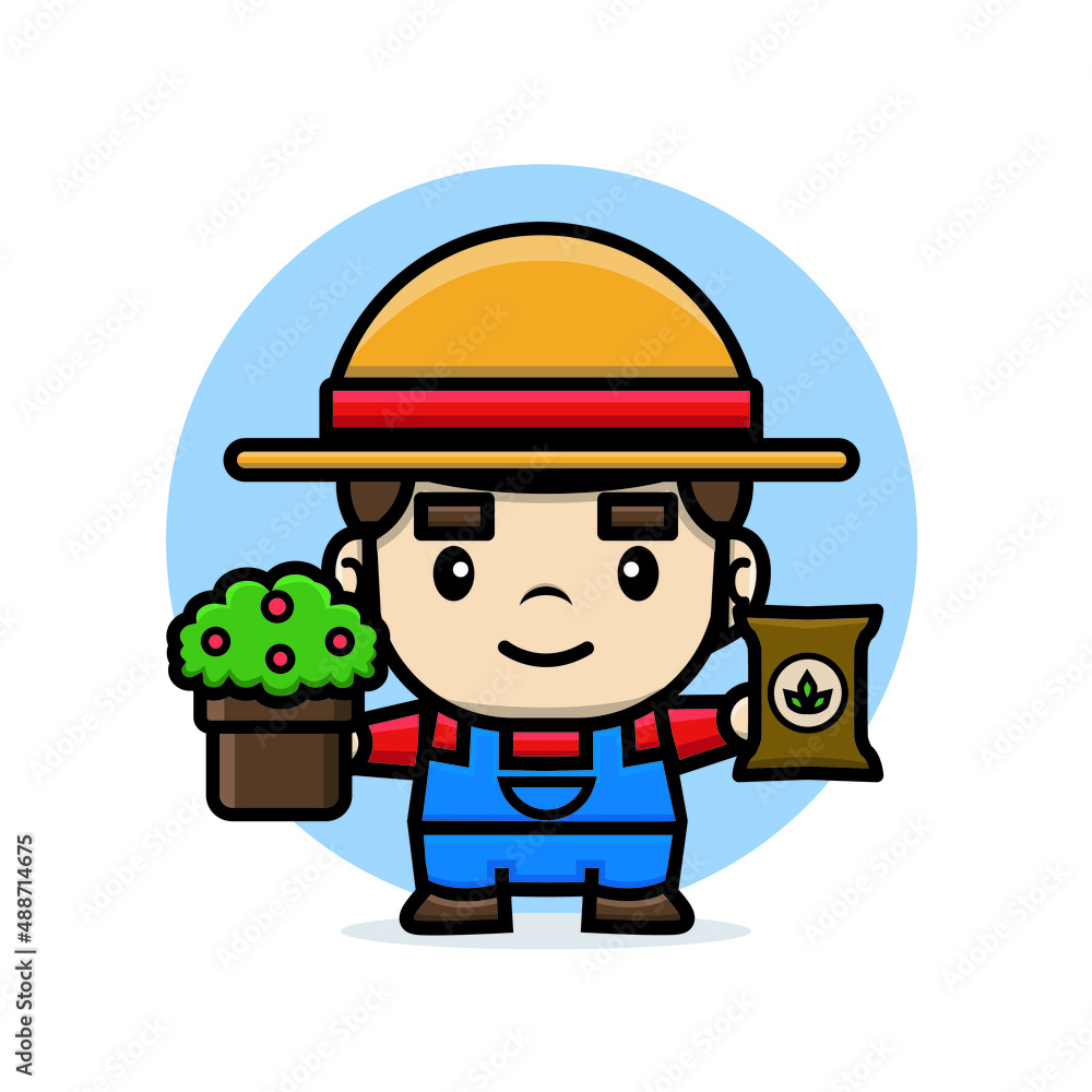 Cute characters farmer holding plant and fertilizer Cute characters farmer holding plant and fertilizer