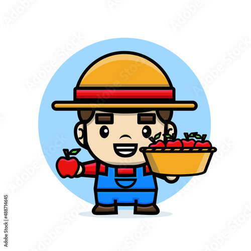 Cute characters farmer holding a basket full of apples
