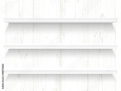 Empty white shelves on the wooden wall in white colors. 3d Bookshelf on wooden background. Interior for store, library. Design of exhibition in shop. Showcase in library. Vector illustration EPS10