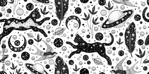 Space pattern. Seamless boho background with cat, moon. Cute magic print. Vintage black white pattern. Witch cat bird galaxy doodle vector illustration. Celestial gothic seamless. Esoteric wallpaper