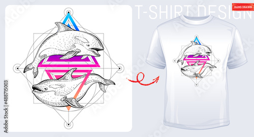 Orca Whale vector. Geometric sea killer whale art. Ocean orca shirt design. Surreal illustration. Graphic geometry poster with triangle logo for t-shirt. Free Hipster concept. Freedom adventure dream