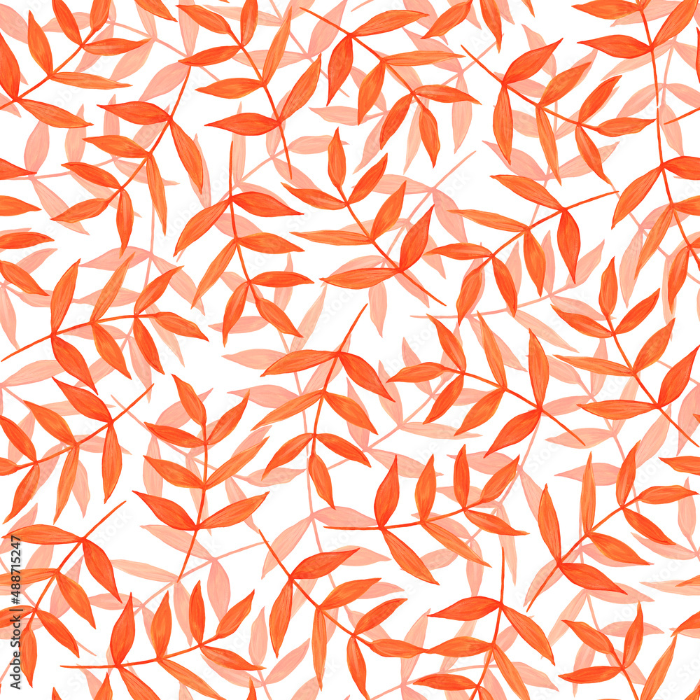 Seamless pattern of orange leaves, branches on a white background. Print in autumn colors for design. Watercolor illustration. For textiles, packaging.