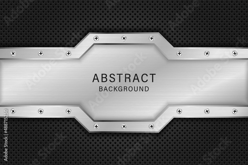 Vector  metal plate geometric shap and screws with hexagon pattern background.