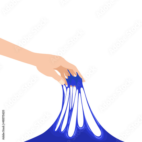 Human hand hold slime stretched. Mucus kids toy, sticky slimy colorful green funny squesse, jelly glue liquid substance, tencion, elasticity. Vector illustration