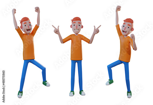 3d illustration group set men character celebrate victory isolated with transparent background
