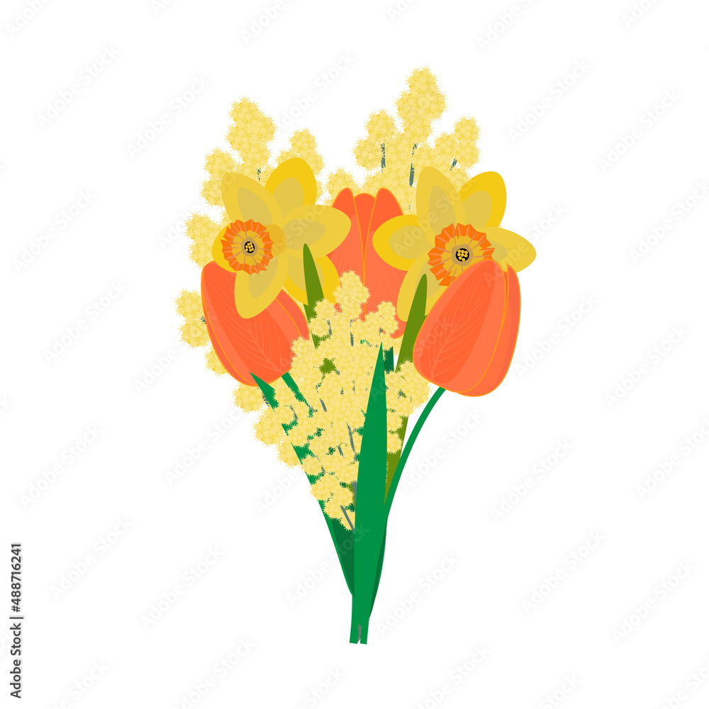 Bouquet  of spring flowers isolated  on white background. Vector illustration for the design of an online store of  flowers, cards, invitations, calendars and banners. Vector image.