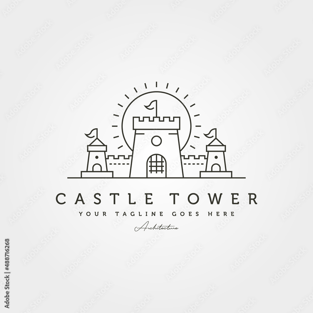 castle tower logo with sunburst vector symbol illustration design - obrazy, fototapety, plakaty 