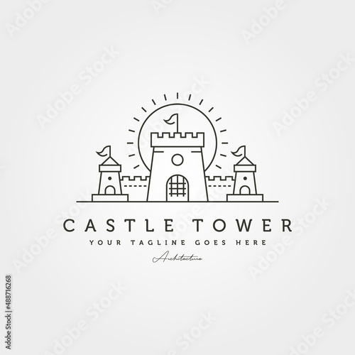 castle tower logo with sunburst vector symbol illustration design