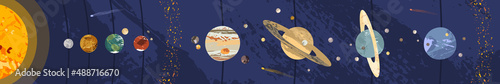 Solar system poster. Sun, Mercury, Venus, Earth, Moon, Mars, Jupiter, Saturn, Uranus, Neptune. Planet, satellite, asteroid belt, comet. Astronomy, astrophysics. Vector flat cartoon cosmic illustration