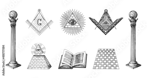 Masonic symbols set in vector. Occult symbolism. photo