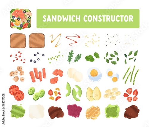 Sandwich constructor with bread slices and fresh ingredients set. Toasts, vegetables, greens, sauces, egg, avocado and fruits. Food pieces bundle. Flat vector illustration isolated on white background