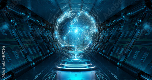 Fototapeta Naklejka Na Ścianę i Meble -  Blue spaceship interior with glowing  world map. Futuristic corridor in space station with projected Planet Earth background 3d rendering