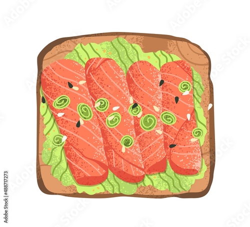 Salmon and mashed avocado toast. Healthy sandwich with red fish pieces, caper...
