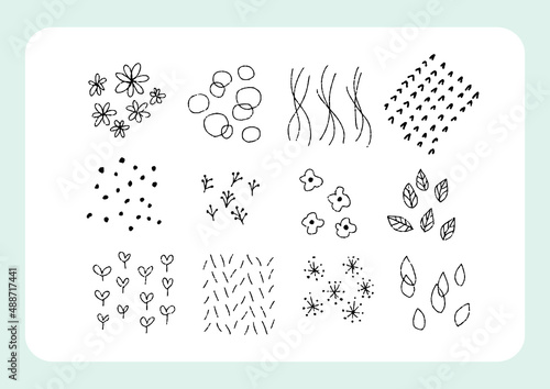 ナチュラルな手書きのあしらい　線やつぶつぶ緩いタッチのお花など
