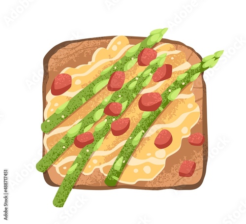 Green asparagus, honey and nuts toast. Vegetarian sandwich on grilled bread with peanuts, vegetable. Vegan snack. Breakfast food. Flat vector illustration isolated on white background