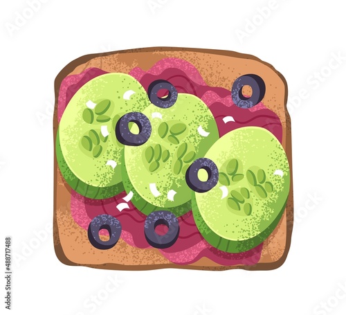 Vegan toast with vegetables. Square bread slice with fresh cucumber pieces, m...