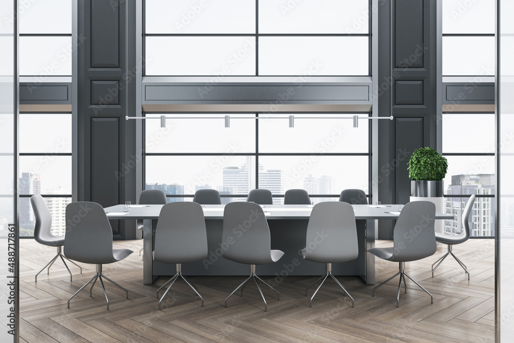 Grey shades classic interior design of modern conference room with stylish furniture on wooden parquet floor and city view from big window. 3D rendering Grey shades classic interior design of modern conference room with stylish furniture on wooden parquet floor and city view from big window. 3D rendering