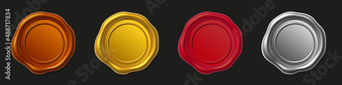 Seal wax 3d. Gold, silver, cooper and red Wax candle stamp. Realistic vector render design elements.
