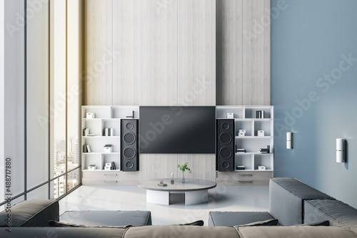 Bild auf Leinwand Modern living room interior with empty mock up tv screen and stereo set, furniture and panoramic city view with daylight