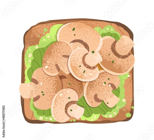 Champignon and mashed avocado toast on grilled square bread. Open sandwich wi...