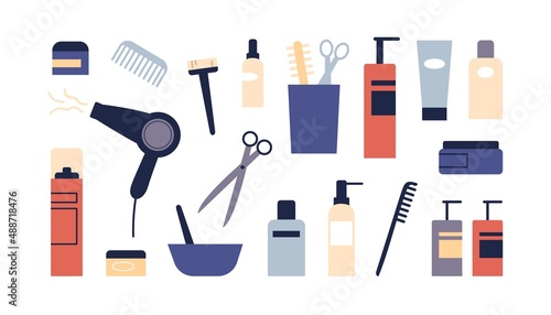 Hair care tools set. Hairdressers and barbers devices, accessories. Combs, hairbrushes, dryer, cosmetic bottles and scissors of hairstylist. Flat vector illustrations isolated on white background