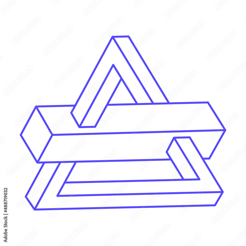 Impossible shapes, optical illusion tattoo, vector. Optical art objects. Logo in trendy 2022 Very Peri color. Geometric figures. Triangle.