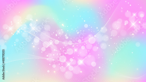 Rainbow fantasy background. Holographic illustration in pastel colors. Multicolored unicorn sky with stars and bokeh.