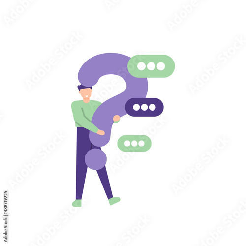 illustration of a man holding a question mark symbol. ask questions and seek answers. concept Frequently asked questions or FAQ, online support center. flat vector design. ui, landing page