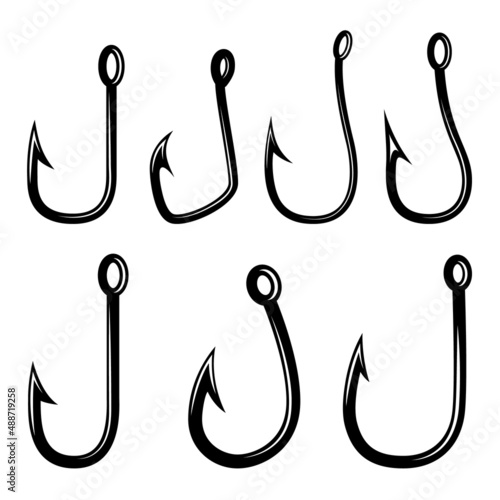 Set of illustrations of fishing hooks. Design element for poster, card, banner,emblem, sign. Vector illustration