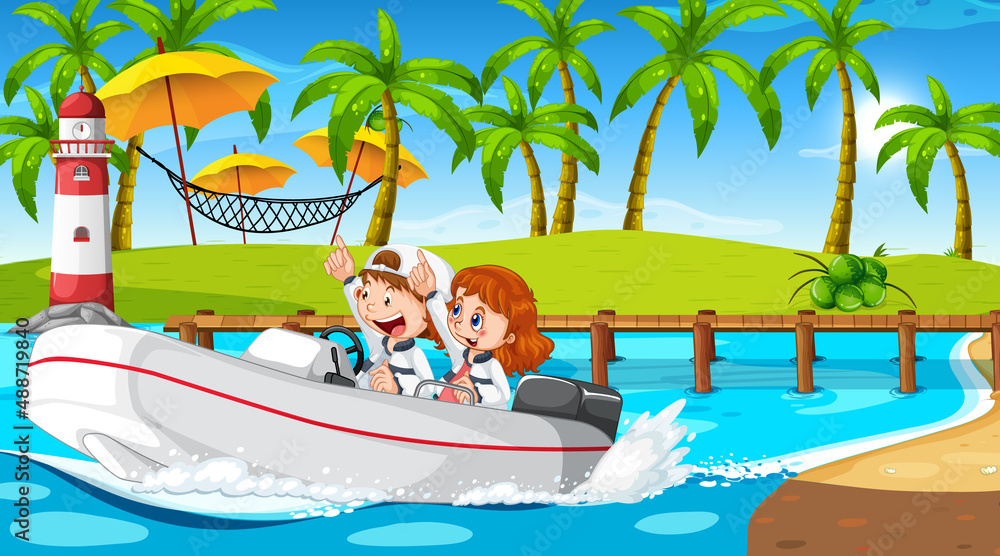 Ocean scenery with children driving speedboat