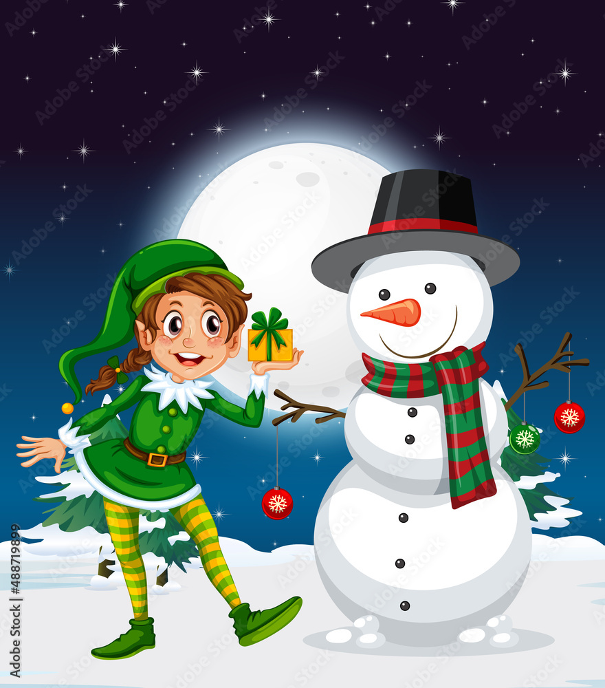 Naklejka premium Snowy winter night with Christmas snowman and elf