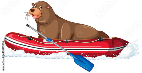 Sea lion on inflatable boat in cartoon style
