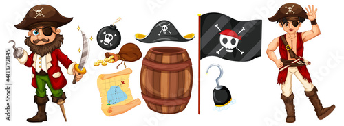 Set of pirate cartoon characters and objects