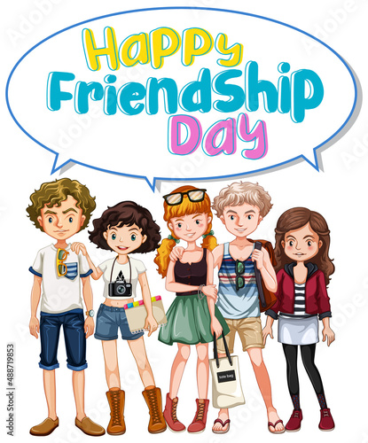 Happy Friendship Day logo banner with teenage group