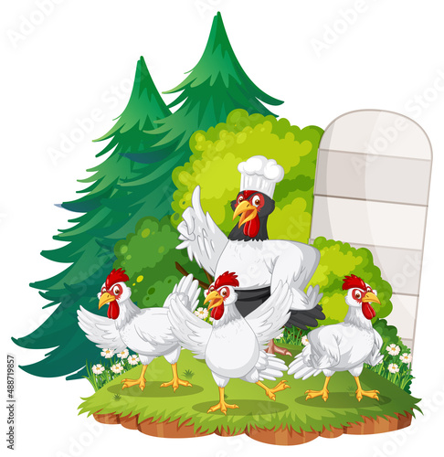 An isolated scene with a group of chickens in cartoon style