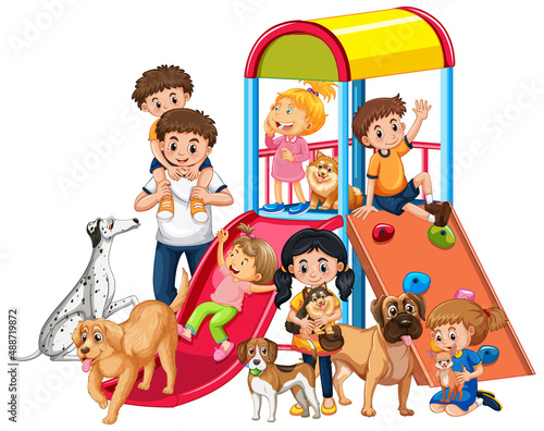 Children playing with their dogs at playground
