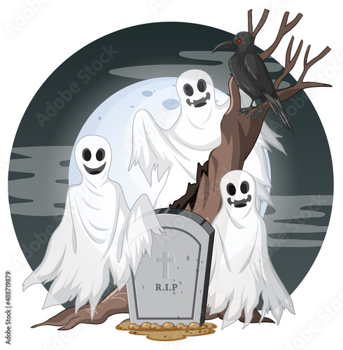White scary ghosts on full moon background