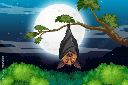 A bat hanging on tree at night scene