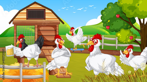 Chickens cartoon characters in nature farm scene