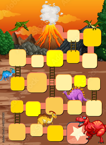 Snake ladder game template with dinosaur theme