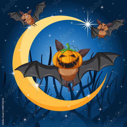 Cartoon bat with crescent moon background